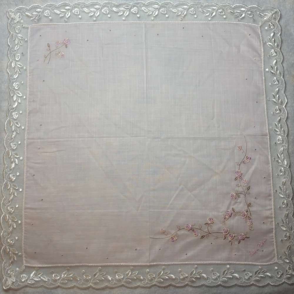 Vtg NINA RICCI Scarf Handkerchief Floral Embroidered Lace Trim Pink 19.5"